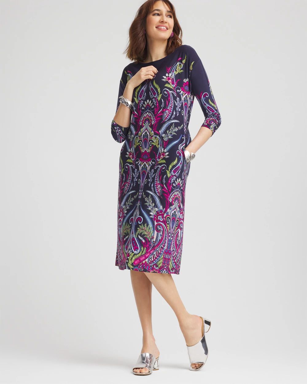 上品 Ruched Chico's | Dress Midi Jersey Sleeve ファンデーション
